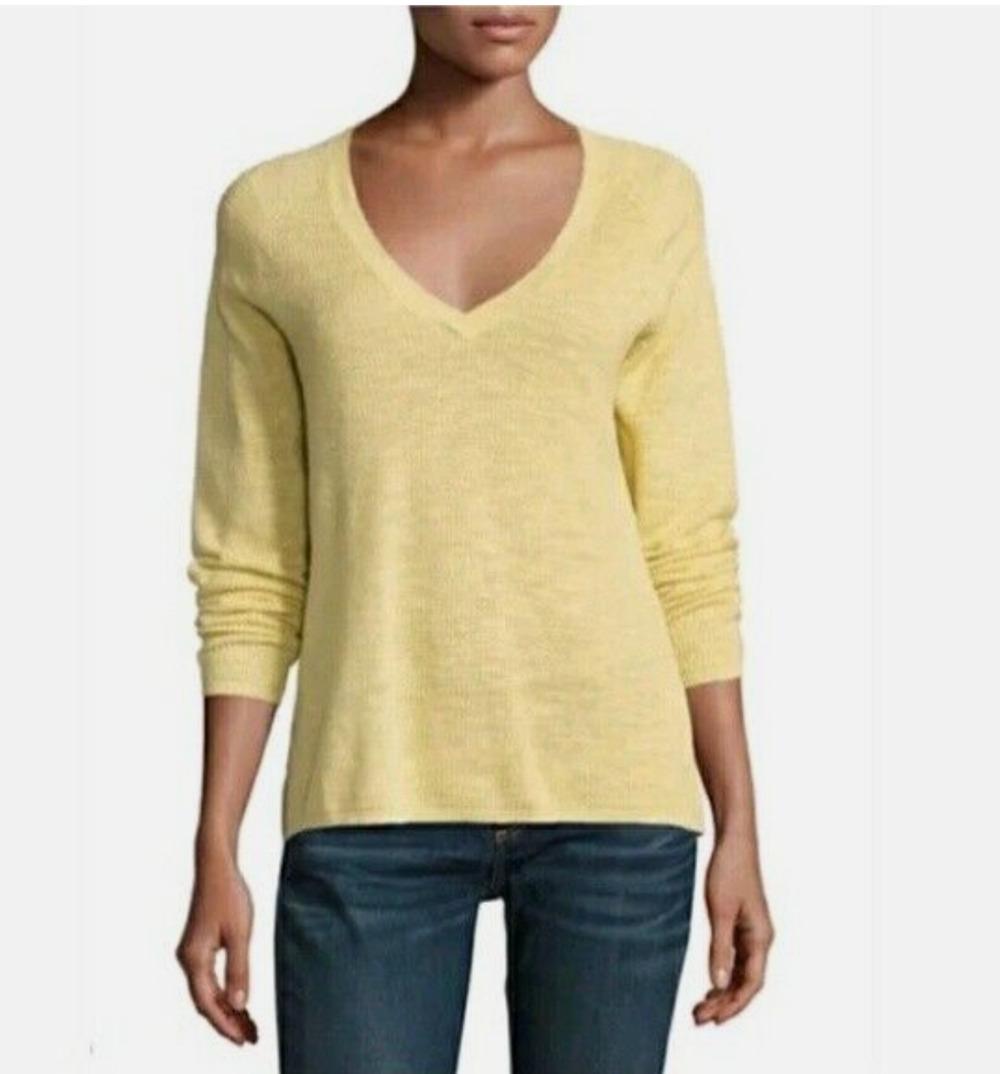 Eileen Fisher Linen Waffle Sweater XL V Neck Yellow Organic Boho Lagenlook